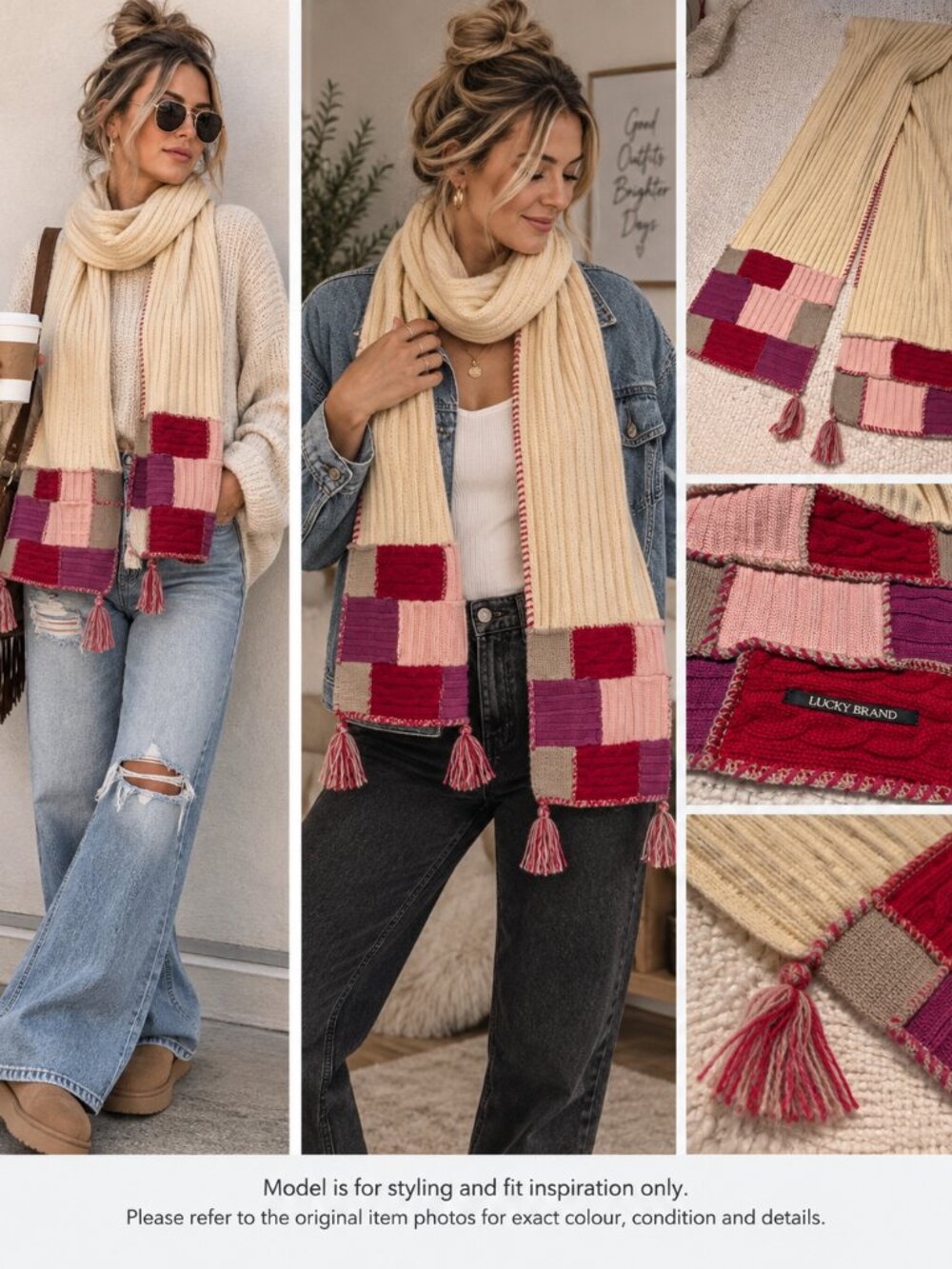727 - Lucky Brand Cream Patchwork Knit Scarf Boho Y2K Tassel Multicolor